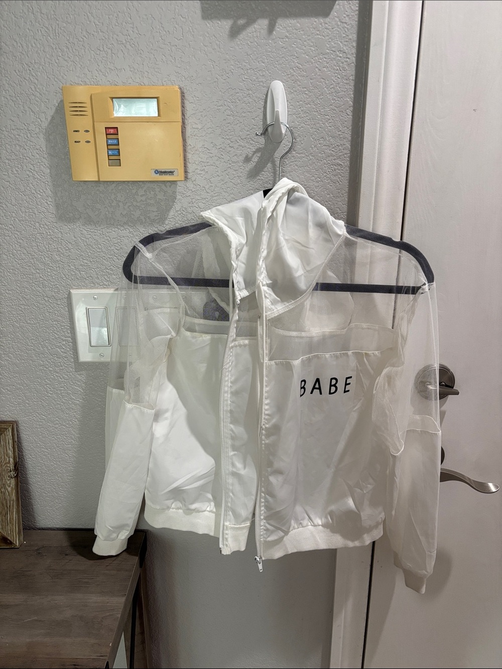 SHEIN White Sheer 'BABE' Hooded Bomber Jacket